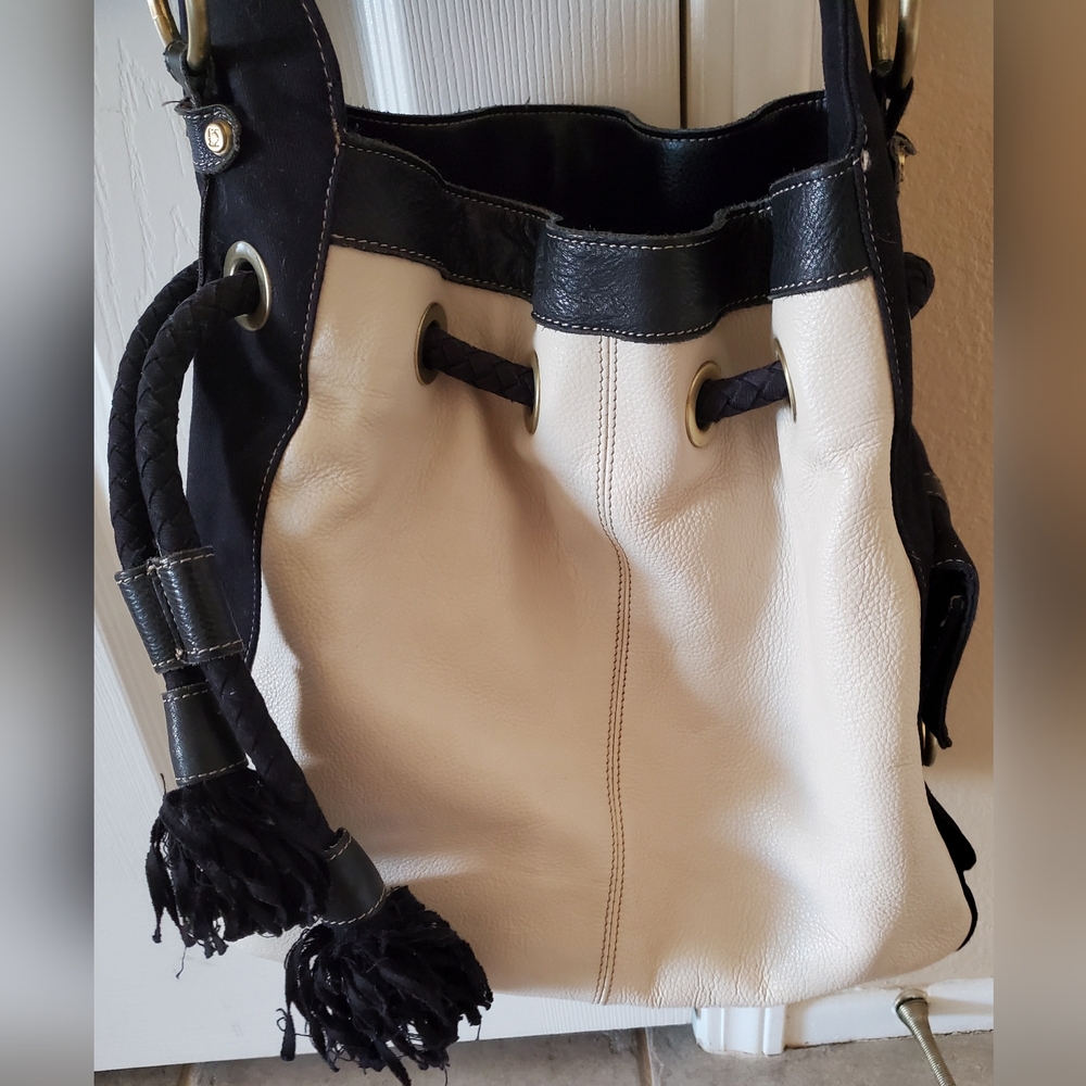 Kenneth Cole Reaction Leather & Canvas Nautical Bucket Bag Brass Hardware - NWOT